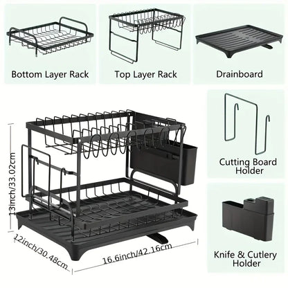 Large-Capacity Double-Layer Kitchen Storage Rack with Drainage, Lockable Metal Tableware Stand for Bowls, Kitchen Organizers