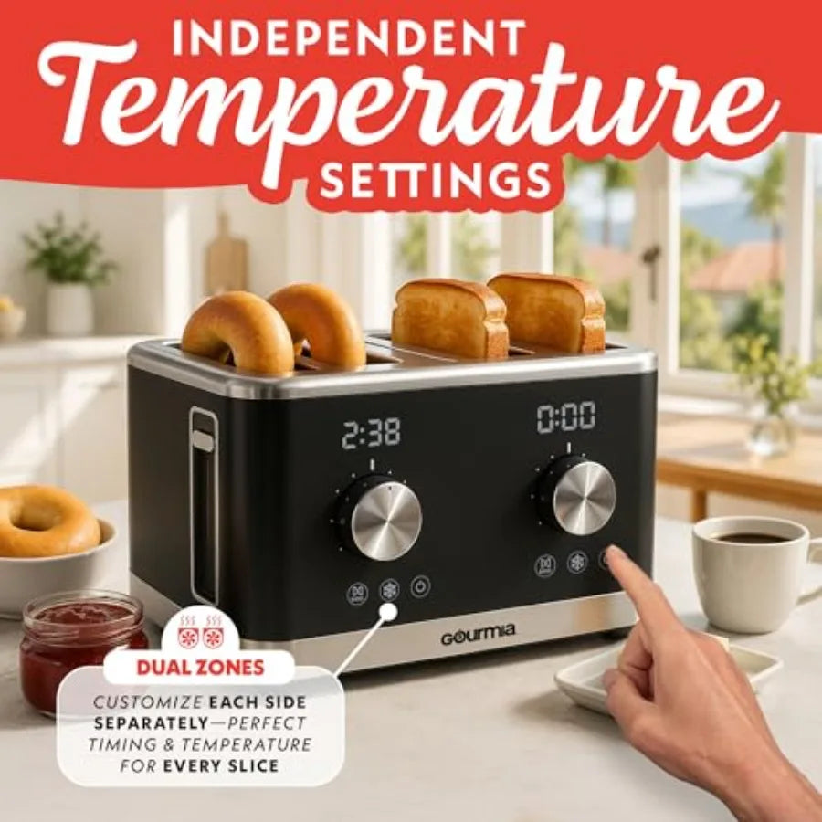 4-Slice Toaster with Dual Independent Controls for Bagel Defrost and Reheat 6 Browning Levels Extra Wide Slots Removable Crumb