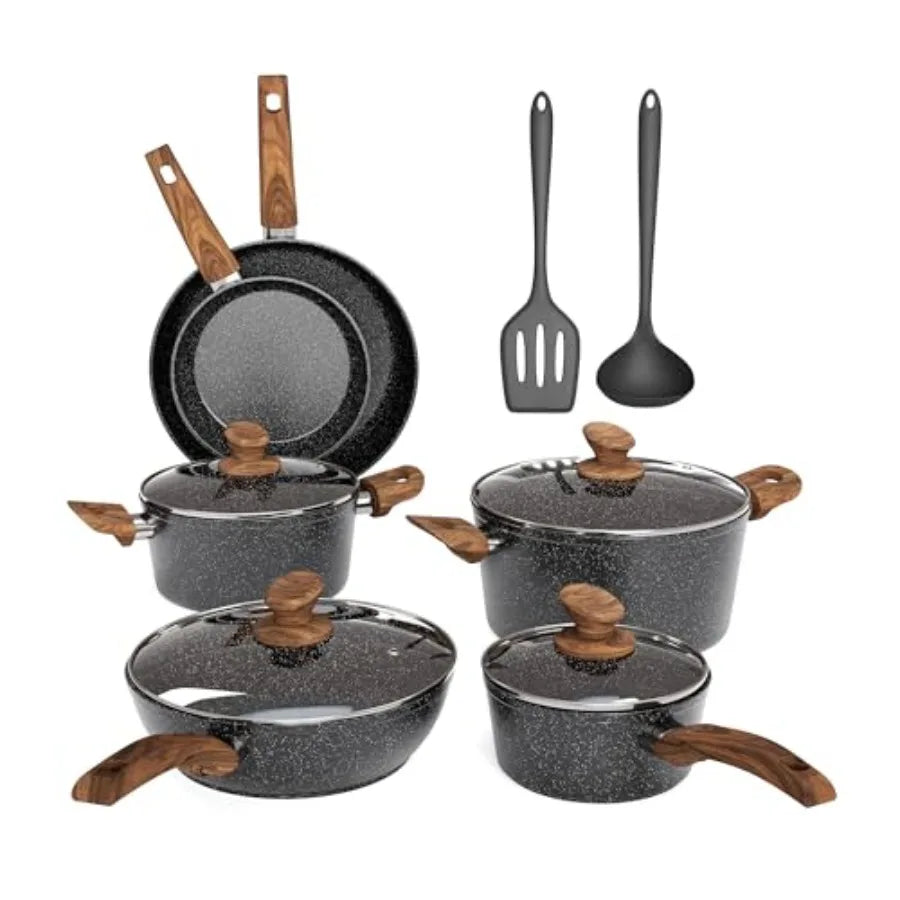 Pots and Pans Set Non Stick 12 Piece Black Granite Kitchen Cookware Induction Compatible Pot and Pan Sets for Cooking Nonstick