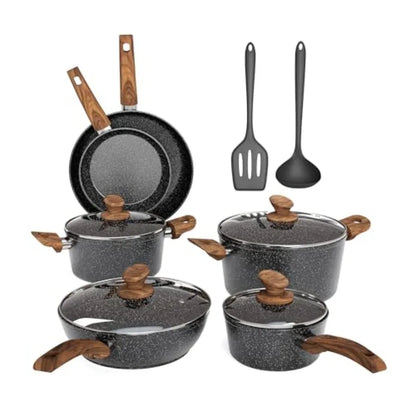 Pots and Pans Set Non Stick 12 Piece Black Granite Kitchen Cookware Induction Compatible Pot and Pan Sets for Cooking Nonstick