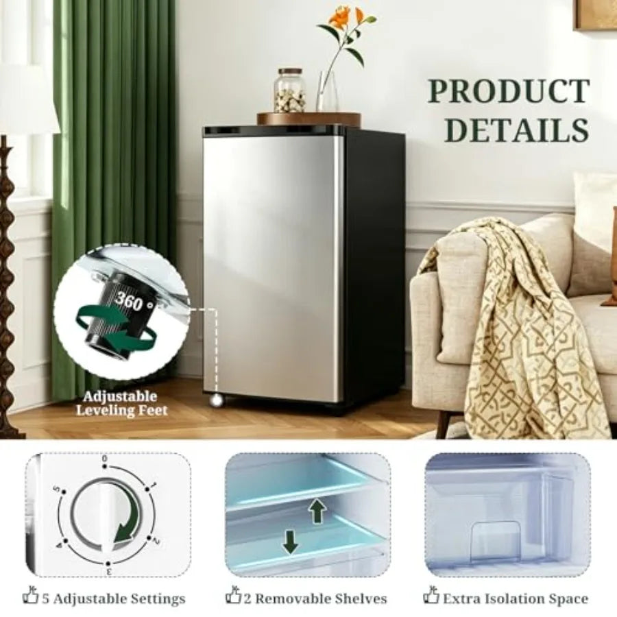 Mini fridge with freezer for bedroom, dorm, office, apartment: silver stainless steel, low noise energy efficient 0.41kWh/day,3