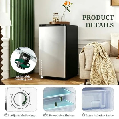 Mini fridge with freezer for bedroom, dorm, office, apartment: silver stainless steel, low noise energy efficient 0.41kWh/day,3