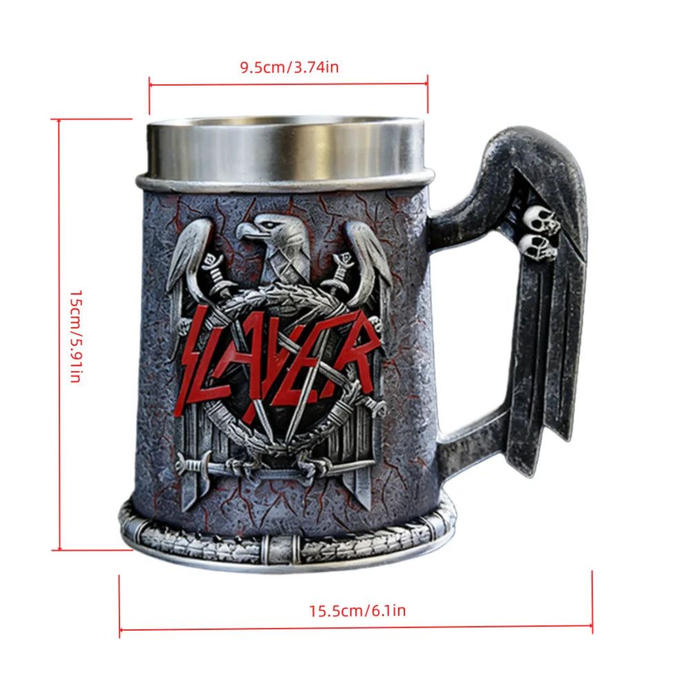 Slayer Tankard Eagle Emblem Mug Resin Outer Stainless Steel Liner Gothic Skull Handle Thrash Metal Band Fan Collectible Gift
