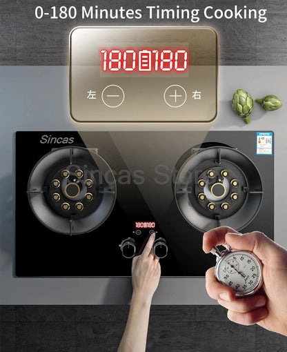 Two-burner Gas Stove Desktop Fierce Fire Kitchen Gas Stove Dual Stove Embedded Nature Gas/LPG Timing Stove Dual-Use Gas Cooker