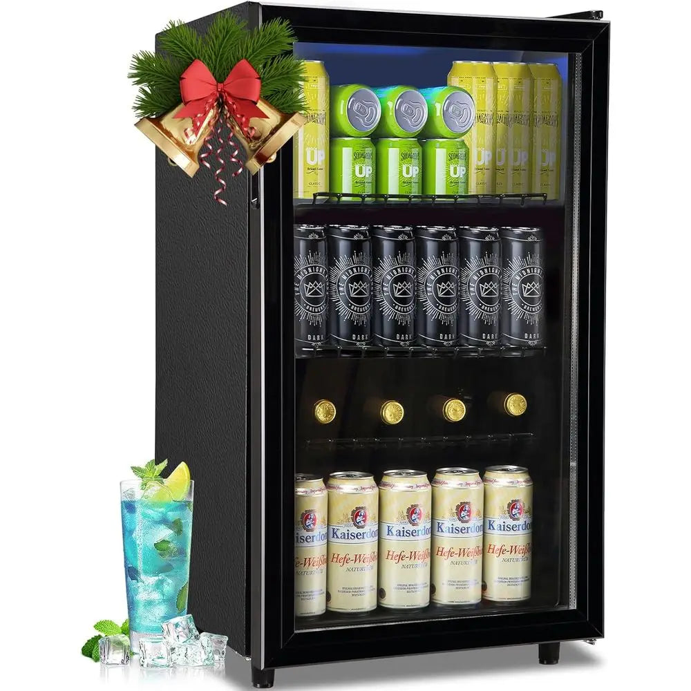 120-Can Glass Door Mini Fridge with LED Light for Beverages and Wine, Ideal for Home or Office