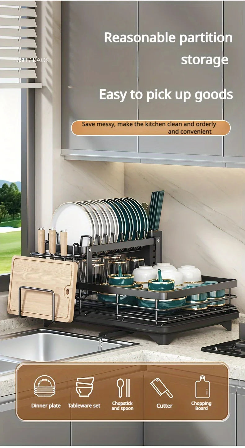 2-Tier Carbon Steel Dish Drying Rack for Kitchen Counter, Large Capacity Dish Drainer with 360° Swivel Spout, Rust-Proof Utensil & Cutting Board Holder