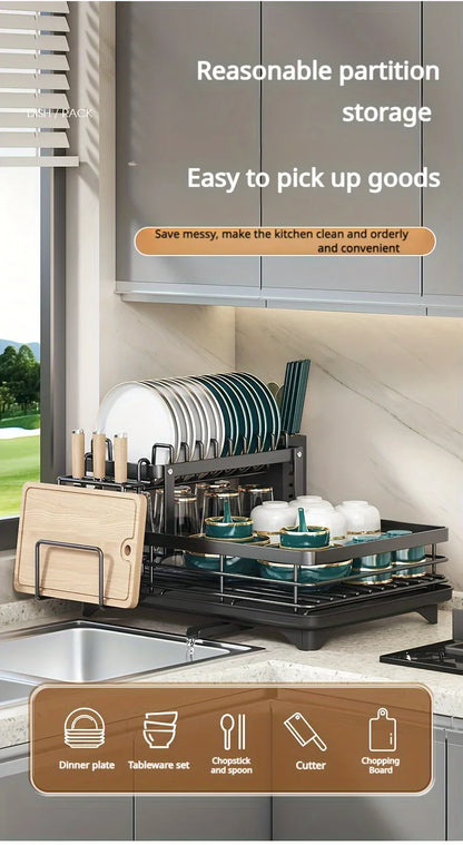 2-Tier Carbon Steel Dish Drying Rack for Kitchen Counter, Large Capacity Dish Drainer with 360° Swivel Spout, Rust-Proof Utensil & Cutting Board Holder