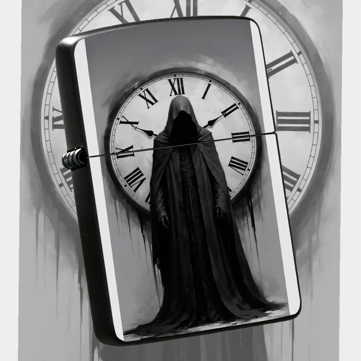 Portable Ignition Accessory With Dark Gothic Faceless Time Keeper Print, Retro Roman Numeral Clock Themed Unique Decor, Stylish Practical Collectible Gift For Daily Use, Gatherings And Creative Display For Art Lovers A Humoro