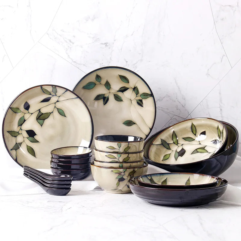 Bamboo Leaf Ceramic Tableware Set Japanese Rice Bowl Large Soup Noodle Bowl Retro Underglaze Hand Painted