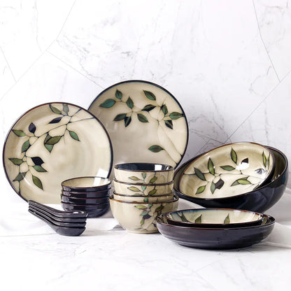 Bamboo Leaf Ceramic Tableware Set Japanese Rice Bowl Large Soup Noodle Bowl Retro Underglaze Hand Painted