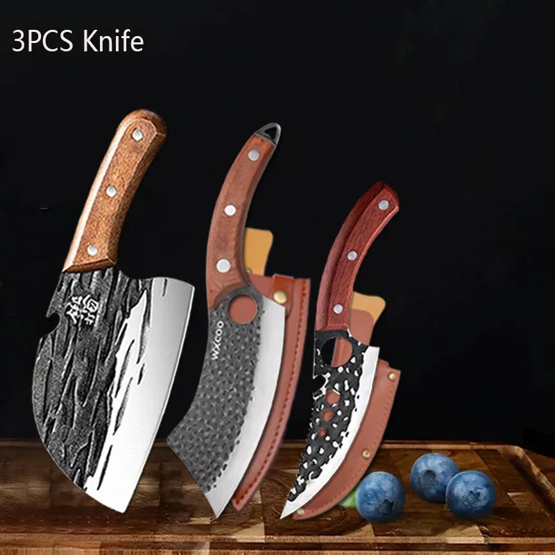 WXCOO Kitchen Knife for Cooking BBQ Lamb Beef Meat Cleaver Fruit Slicing Hand forged Butcher Knife Magnetic Knife Holder Set