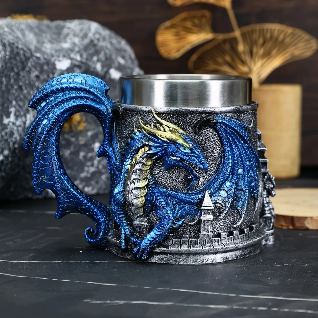 Western Monster Dragon Mark Coffee Cup, Stainless Steel Dragon Statue Water Cup, 3D Castle Guardian Dragon Beer Cup