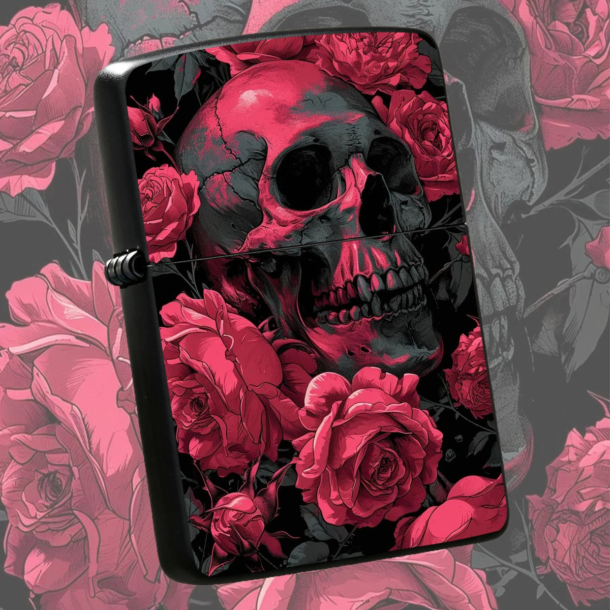 Vibrant Rose Red Skull Rose Pattern Lighter, Punk Aesthetic Solid Durable Housing PORTABLE Lighter for Outdoor Camping Daily Use, Creative Exquisite Practical Gift for Smokers Friends Halloween Gothic A Fun and Humorous Light