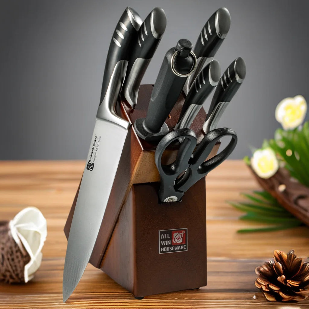 Premium 8-piece German 1.4116 Stainless Steel Kitchen Knives Sets Double Forged Full Tang Chef Knife Set With Rubber Wood Block
