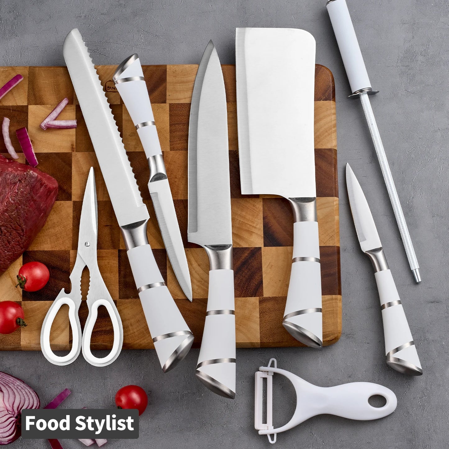 9-Piece Set Stainless Steel Kitchen Knives - with Storage Rack - Ultra-sharp Chef's Knife for Home Cooking Essentials Pink/White