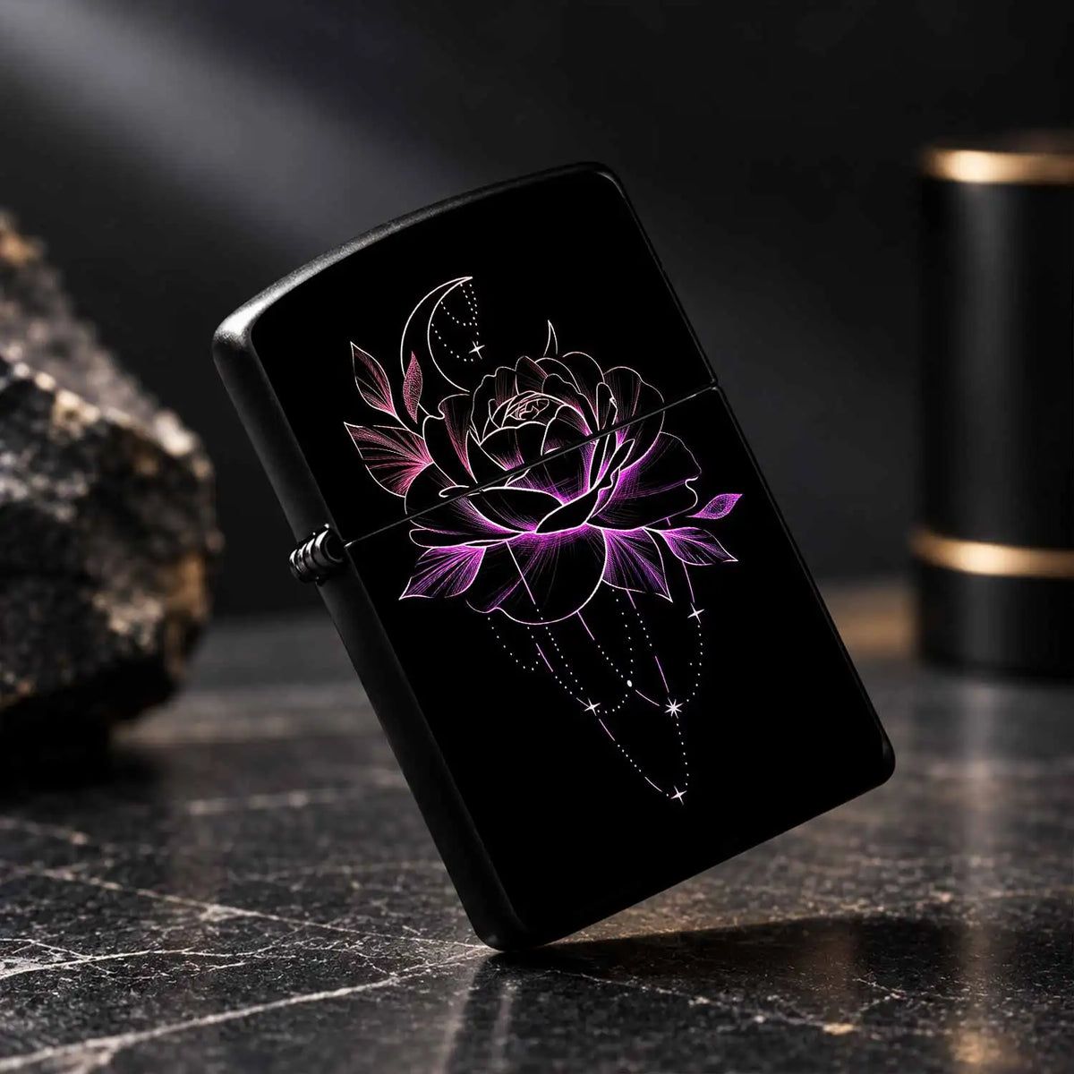 Neon Glow Crescent Moon Rose Lighter, Aesthetic Magenta Line Art Celestial Floral Pattern, Delicate Hangingcharm Decor, Stylish Portable Accessory For Daily Use, Gifting, Outdoor Camping And All Occasions, Smooth Touch A Humo