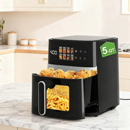 This 5-Quart Air Fryer Is an 8-In-1 Electric Hot Air Oven Equipped with an LED Touchscreen, Ensuring Even Heating of Food with a
