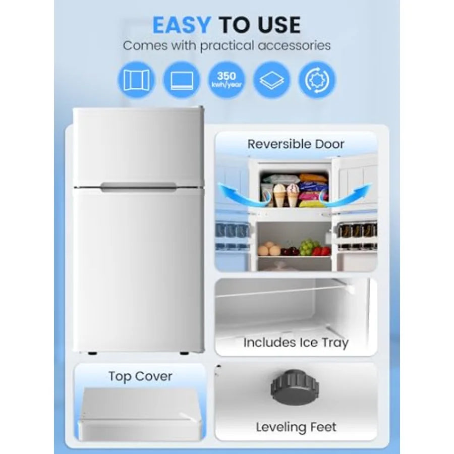 Dorm fridge with freezer for bedroom office kitchen dorm use, white plastic unit with reversible double doors and 2 removable s
