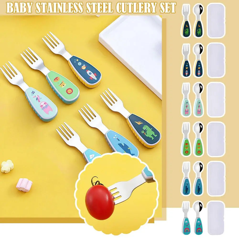 2Pcs Toddler Utensils Cute Toddler Feeding Spoon And Fork Set 304 Steel Cartoon Spoon And Fork Set