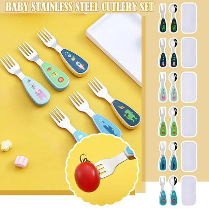 2Pcs Toddler Utensils Cute Toddler Feeding Spoon And Fork Set 304 Steel Cartoon Spoon And Fork Set