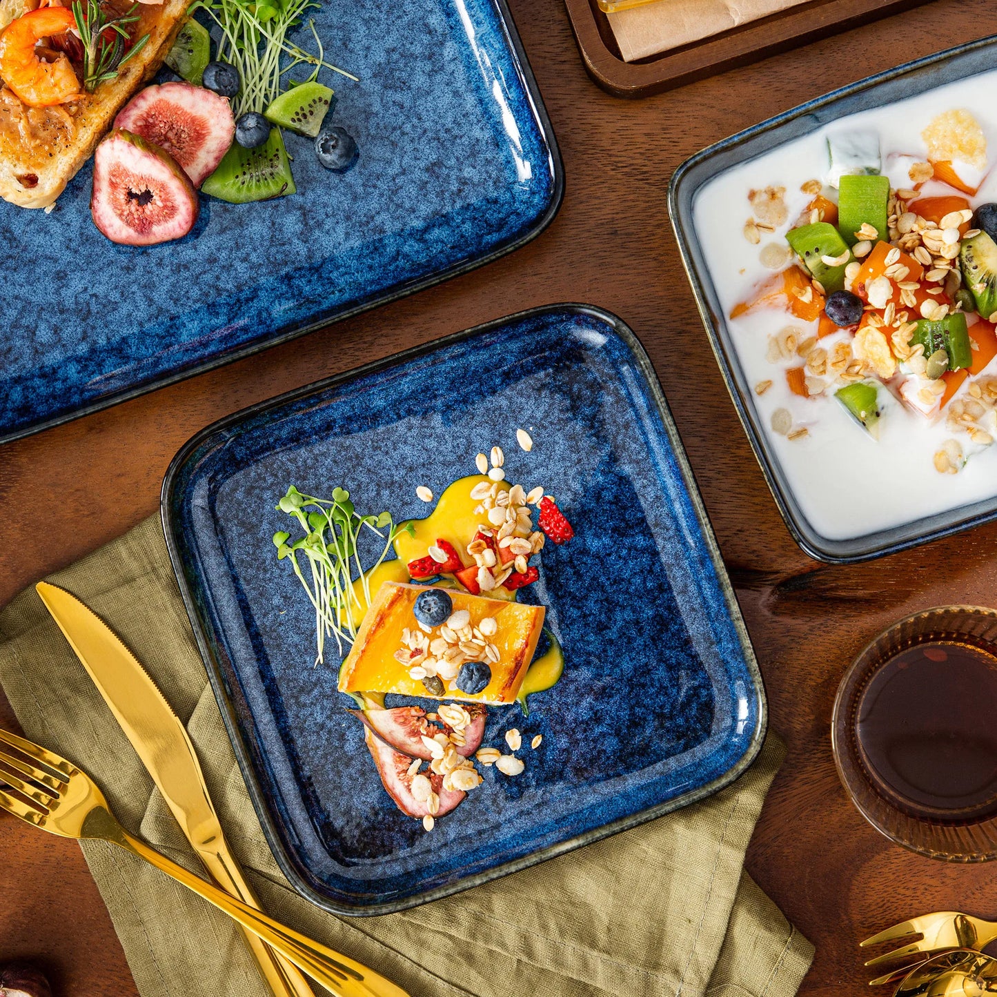 Vancasso Stern Dinner Set Blue Square Kiln Change Glaze Tableware 16 Pieces Kitchen Dinnerware Ceramic Crockery Set for 4 Person