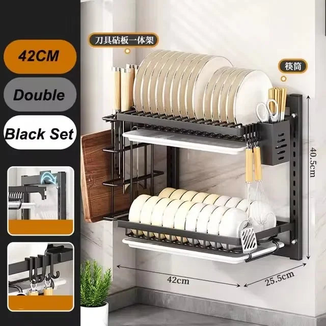 Wall-Mounted Kitchen Dish Rack Multifunctional Kitchen Organizer with Drainboard Cutlery Storage Holder Dinnerware Drainer