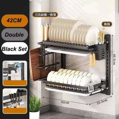 Wall-Mounted Kitchen Dish Rack Multifunctional Kitchen Organizer with Drainboard Cutlery Storage Holder Dinnerware Drainer