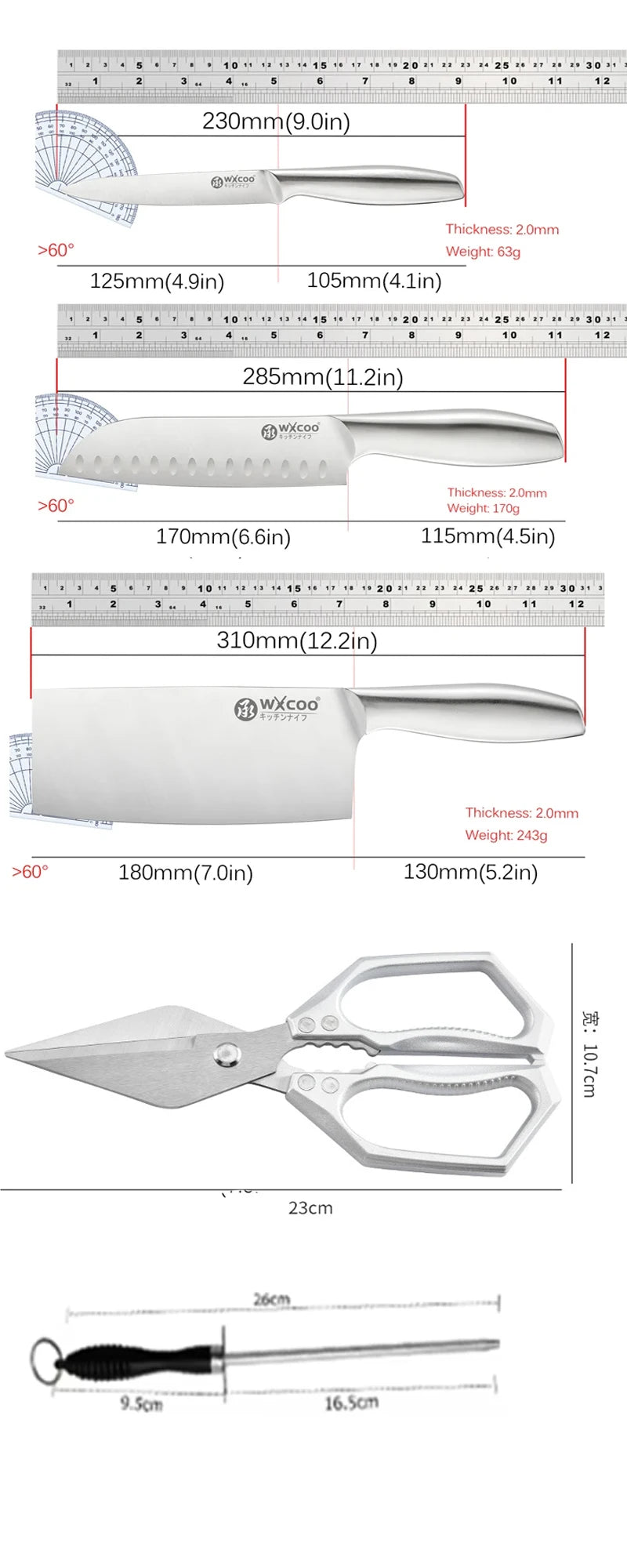 WXCOO Professional Scissor Set Stainless Steel Kitchen Knives BBQ Meat Cutting Japanese Santoku Knife Kitchen Supplies