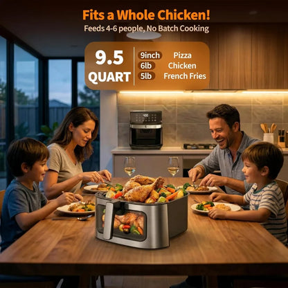 9.5Qt Large Air Fryer Oven, 12 Digital Presets, Non Toxic Stainless Steel, Viewing Window, XL Basket for Family