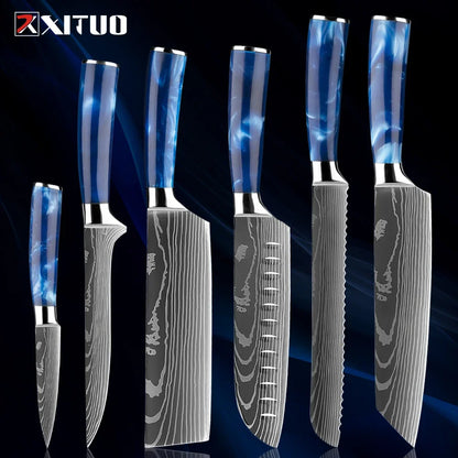 Stainless Steel Chef Knife Kitchen Knife Set 1-8Piece Razor-Sharp Paring Knife, Boning Knife, Santoku Knife, Blue Resin Handle