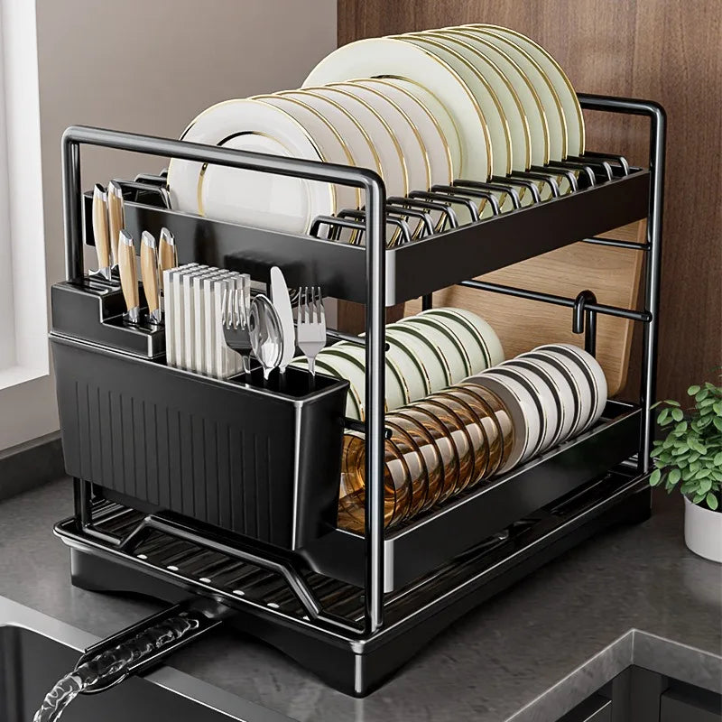 Dish Drying Rack 2-Tier Compact Kitchen Dish Rack Drainboard Set Large Rust-Proof Dish Drainer with Utensil Holder Kitchen Racks