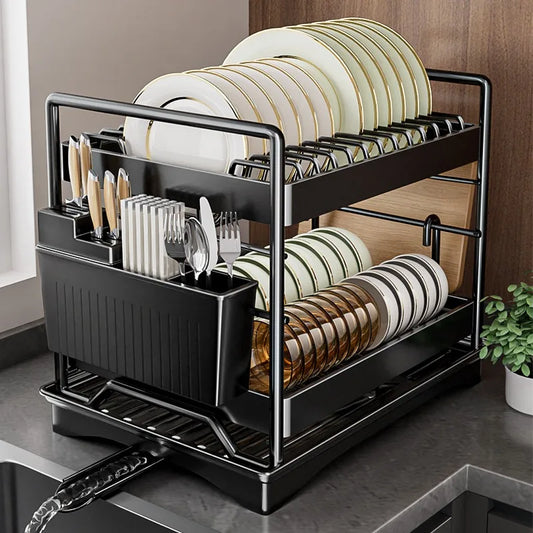 Dish Drying Rack 2-Tier Compact Kitchen Dish Rack Drainboard Set Large Rust-Proof Dish Drainer with Utensil Holder Kitchen Racks