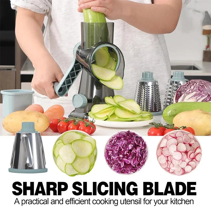 Vegetable Cutter & Slicer Manual Kitchen Cheese Chopper Machine With 3 Sharp Drums Multifunctional Garlic Potato Shredder