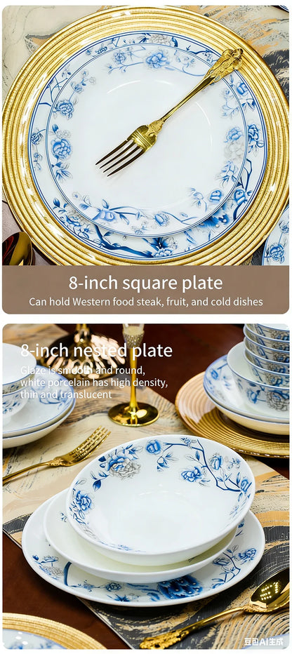 Blue And White Porcelain Tableware Set 18/28/56/30pcs Ceramics Dish Sets Full Set Luxury China Dinnerware Set For 4/6/10 Persons
