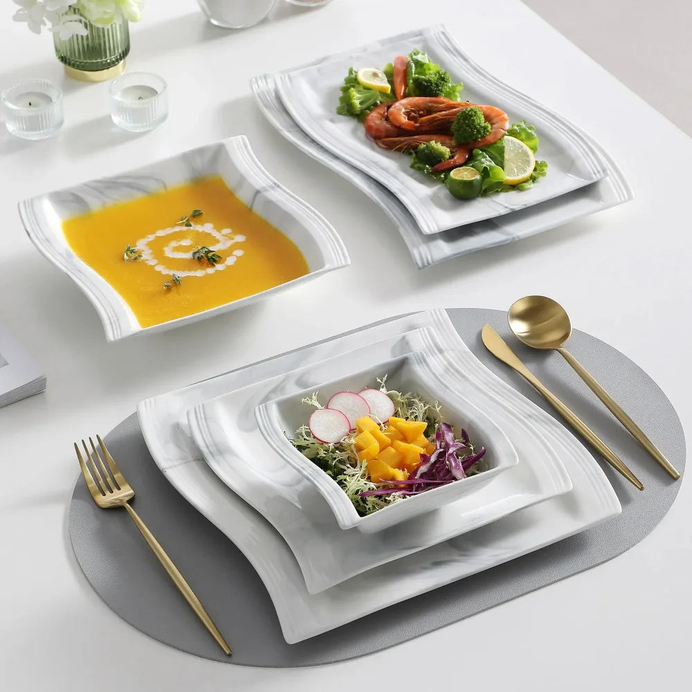 MALACASA FLORA 26-PIECE Nordic European Marble Gray Porcelain Tableware Set with 6PCS Bowl Dinner Plate Dessert Soup Plate