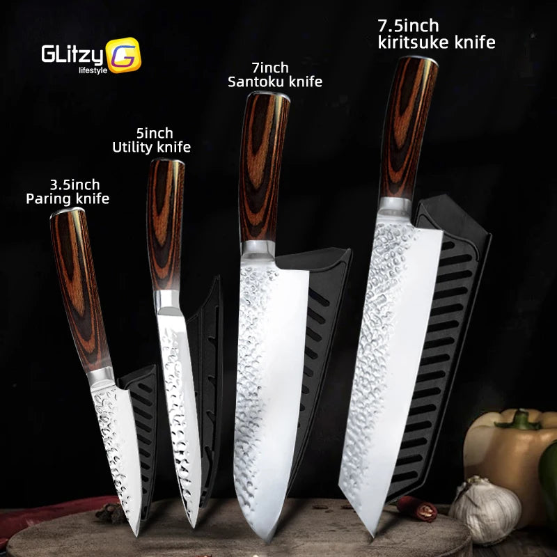 Kitchen Knives Japanese Chef Knife Set 7CR17 High Carbon Steel Full Tang Hammered Non-Stick Santoku Knifes Utility Meat Cleaver
