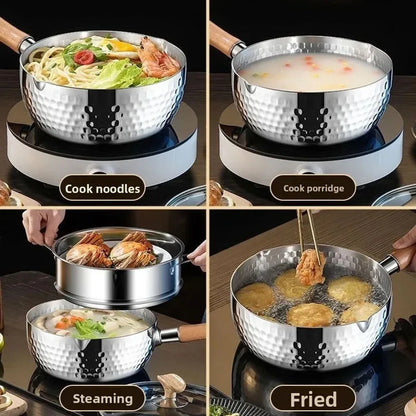 Stainless Steel Sauce Pan with Steamer Basket Glass Lid and Functional Design for Milk Heating Noodle Cooking and Steaming