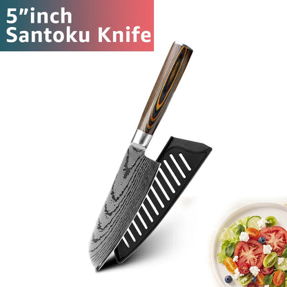 Kitchen Knife Set Professional Chef Knife 7CR17 Germany Stainless Steel Damascus Laser Meat Cleaver Slicing Santoku Cutter Tools
