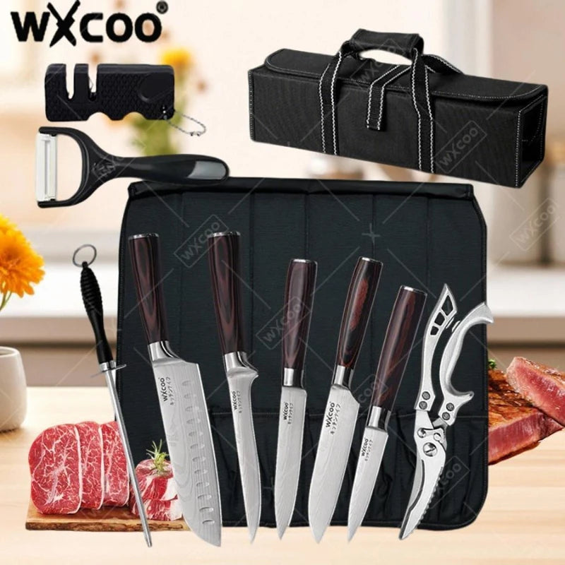 WXCOO Professional Chef Knife Damascus Japanese Stainless Steel Kitchen Boning Knives Set with Roll Canvas Bag