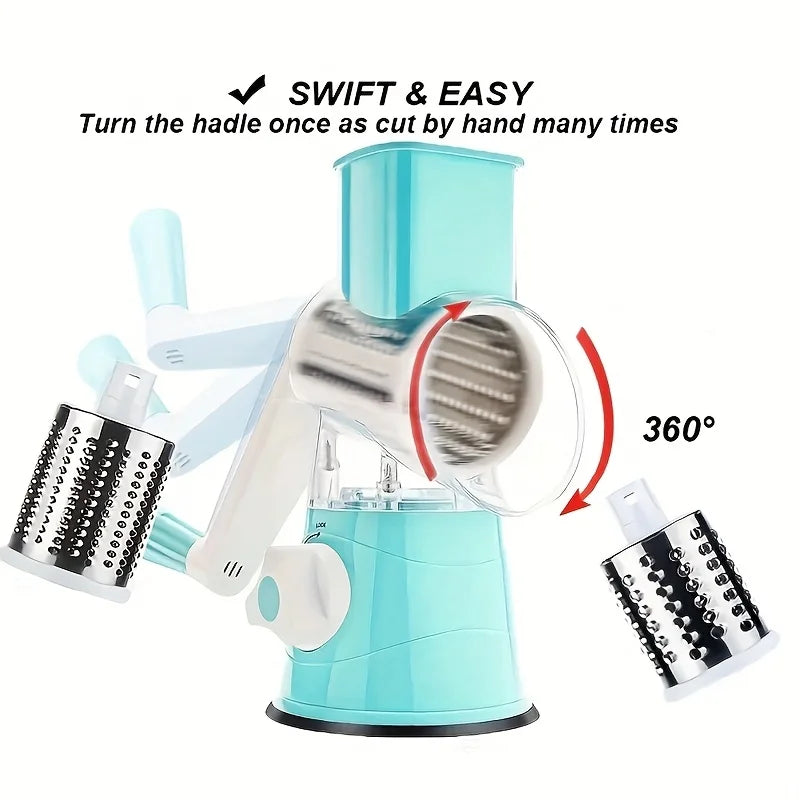 3-in-1 Rotary Cheese Grater & Vegetable Slicer - Food-Safe Plastic Kitchen Tool for Effortless Grating, Slicing - Easy Clean