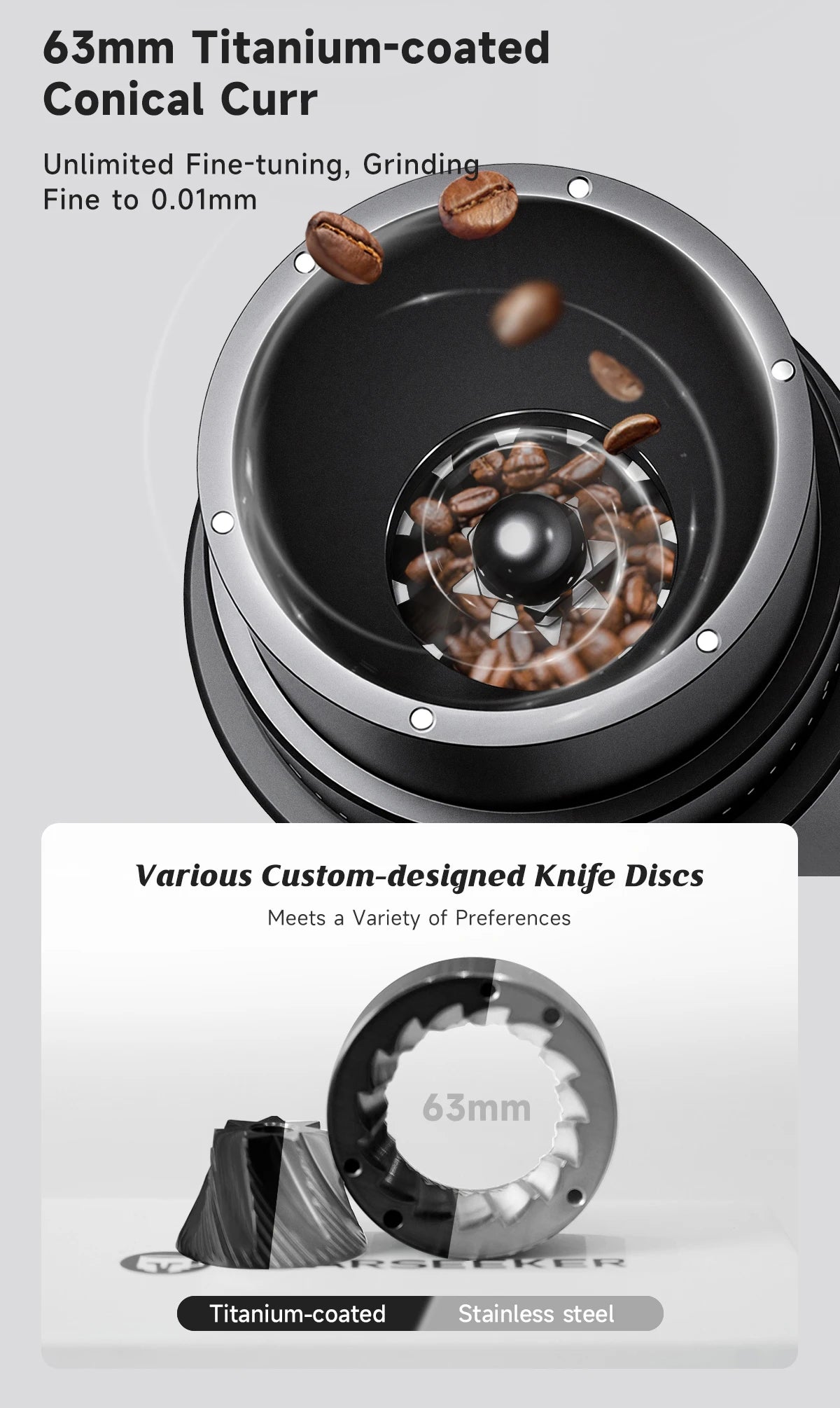 STARSEEKER EDGE PLUS Electric Coffee Grinder 63MM Titanium Burr Stepless Fineness Adjustment Removable Magnetic Suction Port