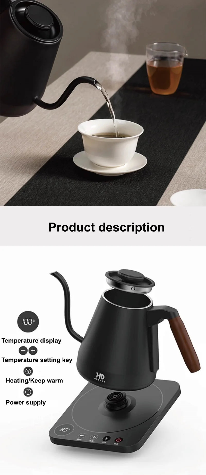 Home Electric Kettle 800ml Gooseneck Jug Hand brew Coffee Pot Thermo Pot Temperature-Control Heating Water Bottle Smart Teapot