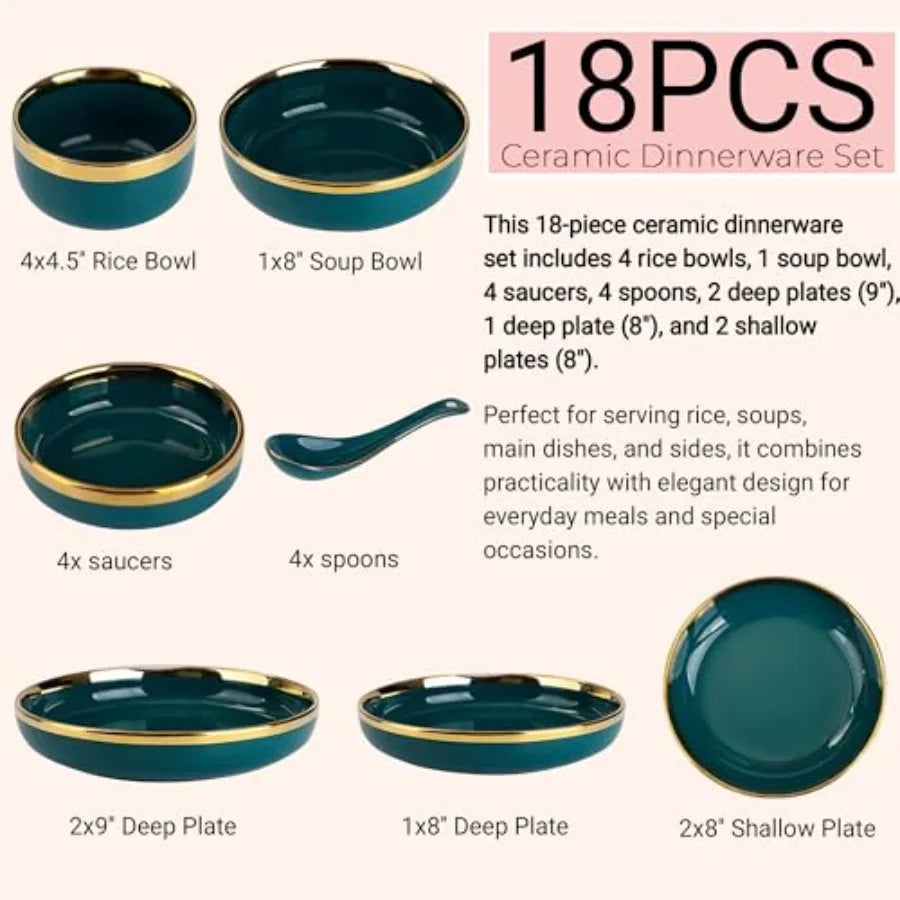 18-Piece Ceramic Dinner Set for 4 People Elegant Green Tableware with Rice Bowls Spoons Soup Bowl Deep Shallow Plates and Sauce