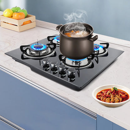 4 Burners LPG Gas Cooktop Black Tempered Glass Panel Cast Iron Stainless Steel Construction Polishing Process Built In Installation US Standard Plug 110V 2800Pa Working Pressure Four Multi Power Burners Household Commercial G
