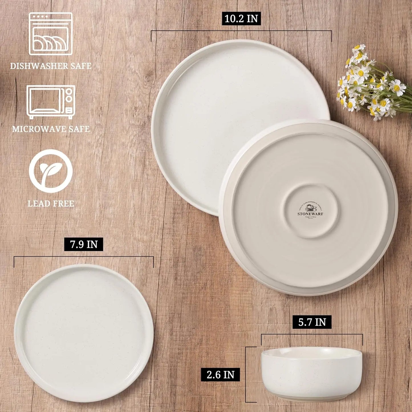 Stoneware Dinnerware Sets, 12-Piece Plates and Bowls Set for 4, Dishes Set for Home Restaurant, Speckled Milky White