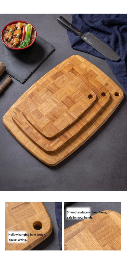 Checkerboard Moso Bamboo Cutting Board, Bamboo Chopping Board with Juice Groove & Hanging Carry Hole, Portable Fruit Vegetable