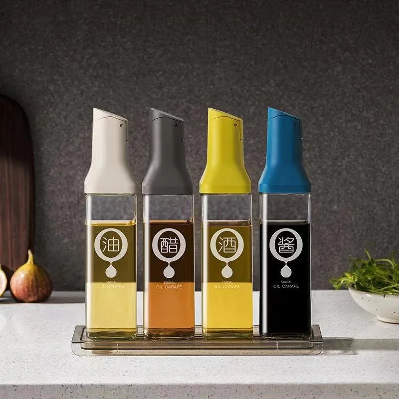 500ml Glass Oil Bottle Opening And Closing Olive Oil Condiment Container Household Kitchen Square Leak-Proof Dispenser Bottle