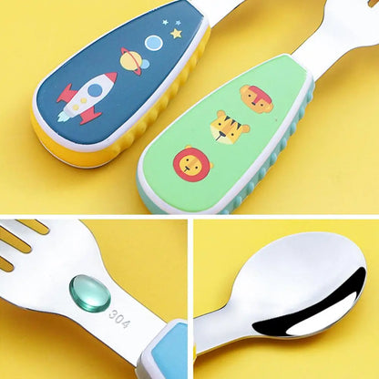 2Pcs Toddler Utensils Cute Toddler Feeding Spoon And Fork Set 304 Steel Cartoon Spoon And Fork Set