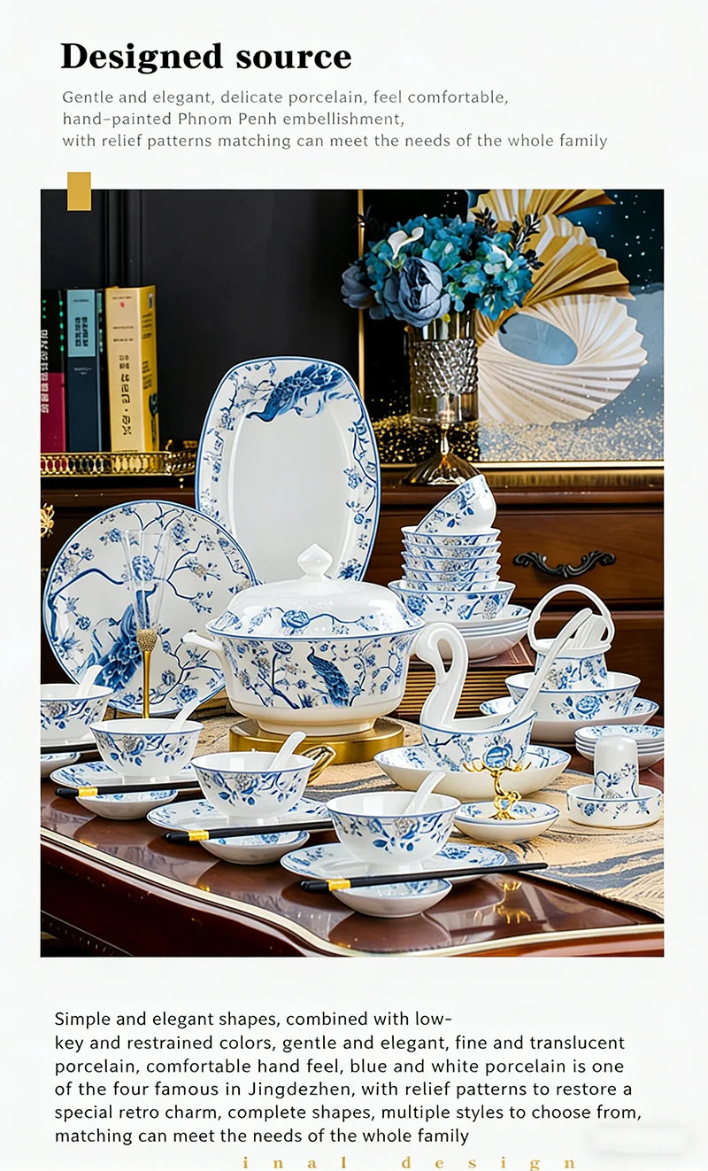 Blue And White Porcelain Tableware Set 18/28/56/30pcs Ceramics Dish Sets Full Set Luxury China Dinnerware Set For 4/6/10 Persons