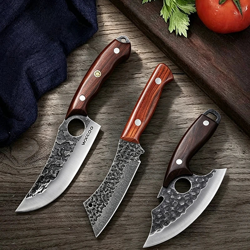 WXCOO Multifunctional Hand Forged Butcher Knife Kitchen Knife Durable Blade for BBQ Meat Cutting Boning Knife Wooden Handle